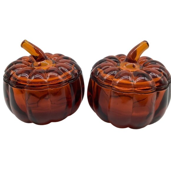 Burnt Orange Colored Heavy Lidded Glass Pumpkins, Set of 2 - Picture 1 of 12
